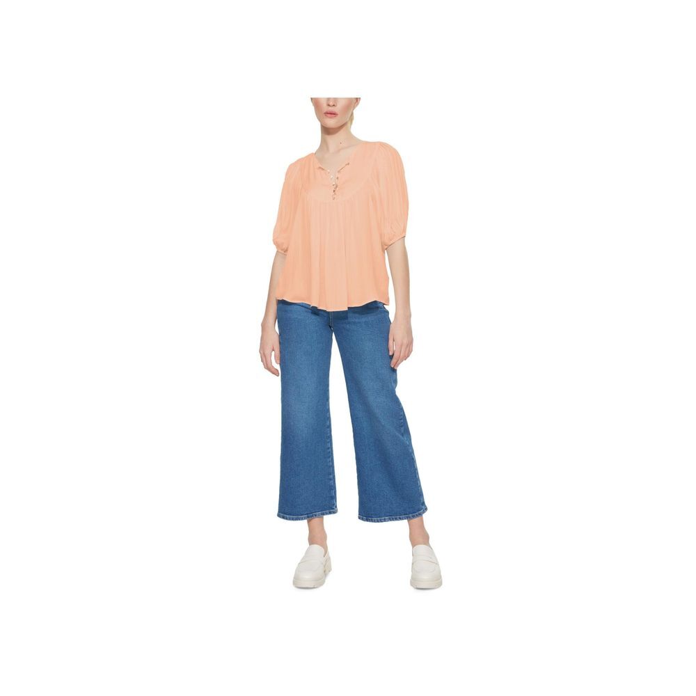 BLACK TAPE Women's Solid Quarter-Button Trapeze Henley Top Bright Peach S